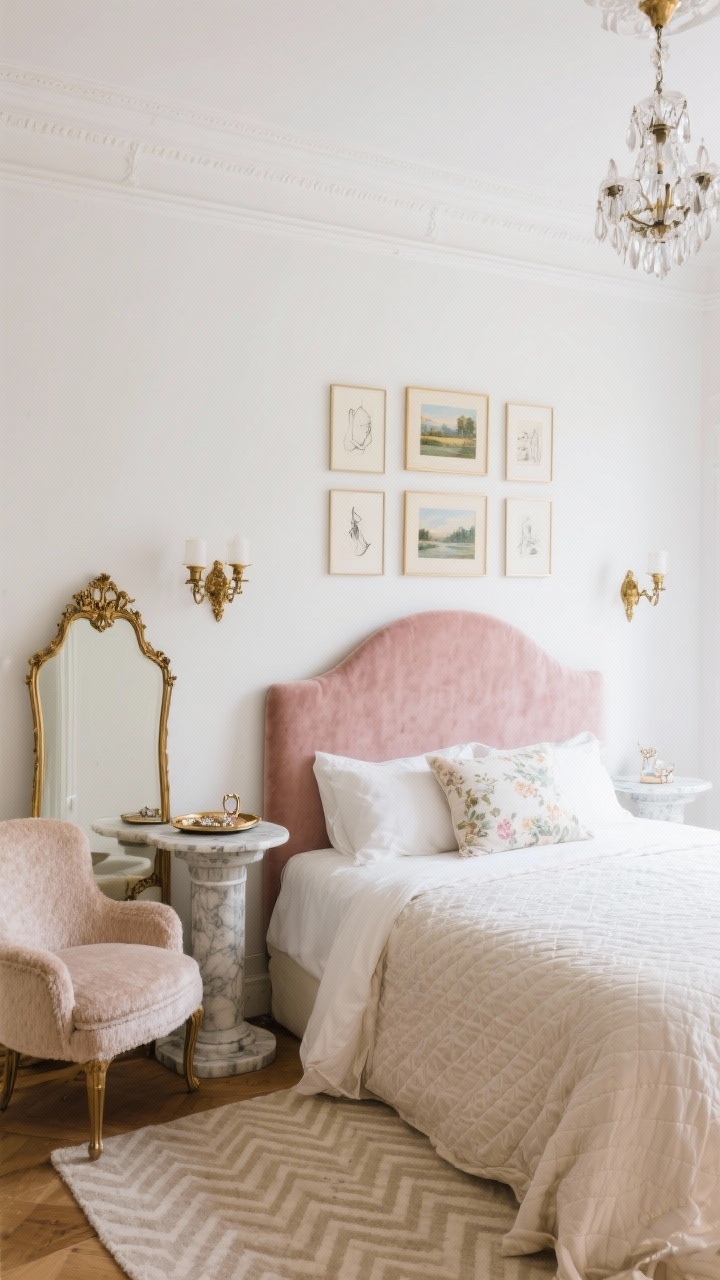 Wide straight-on view: Parisian chic bedroom with creamy white walls and simple ceiling molding; a curved velvet headboard in blush anchors the room. Antiqued brass sconces flank a marble-top pedestal nightstand; a gilded vintage mirror leans casually against the wall. Sateen sheets with a light matelassé coverlet and a silk accent pillow, a faded floral or soft herringbone rug in neutrals, and a salon-style gallery wall of sketches and small oil landscapes. A petite crystal chandelier overhead, a bouclé slipper chair, and a lacquered tray for jewelry on the nightstand. Photorealistic, soft daylight, romantic refined mood.