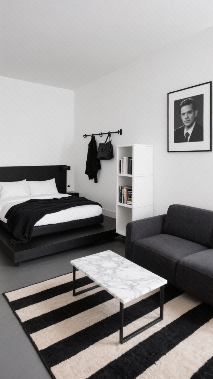 Wide studio view of a Monochrome Studio Suite with a high-contrast black-and-white palette: sleeping zone with a black platform bed, white percale sheets, black linen blanket; living area featuring a compact charcoal loveseat and a marble-topped side table. A striped flat rug in black and sand subtly defines zones. Storage includes a wall-mounted black peg rail for coats and bags and a white modular cube unit for books and hidden items. One large black-and-white photograph on the wall. Clean lines, editorial vibe, strong natural and accent lighting.