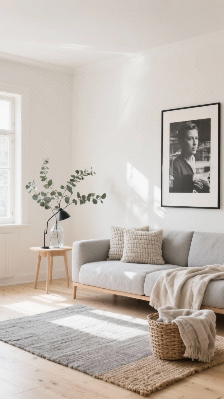 Wide, sunlit Scandinavian living room shot: airy, clutter-free space with warm white oat/ivory walls, bare pale wood floors, a low-profile light-gray sofa layered with a stone-washed linen throw and chunky knit pillows; light wood side table with a simple black metal lamp; single oversized eucalyptus branch in a clear vase; one large black-and-white print over the sofa; flat-weave gray rug layered with a jute or sisal rug; neat woven basket with folded throws; soft natural daylight, minimal styling, calm mood, photorealistic.