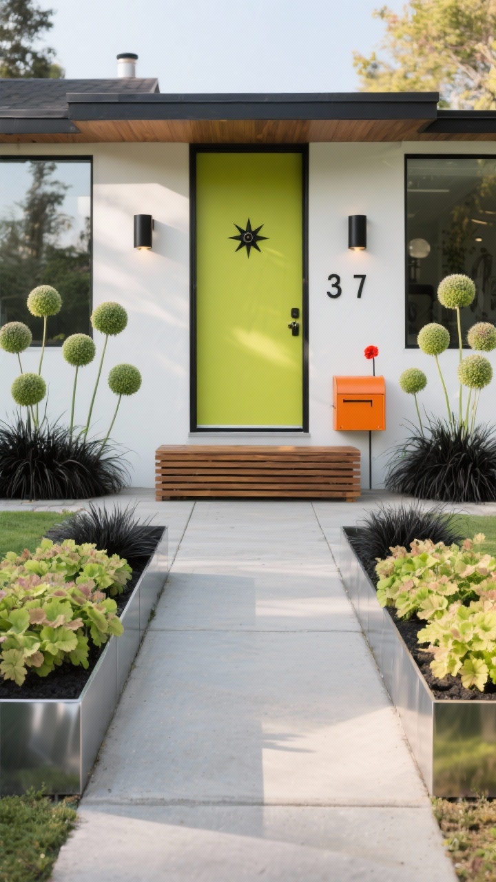 Wide, symmetrical frontal view of a bold mid-century entry: straight concrete walk flanked by two mirrored triangular beds edged in steel; blocks of ‘Lime Marmalade’ heuchera contrasted with black mondo grass; spherical allium orbs rising in spring punctuation; a low teak slatted bench near the entry; starburst door knocker, cylinder up/down sconces in matte black; bold sans serif house numbers and a poppy orange mailbox; chartreuse, black, white, and teak palette; crisp lines, confident retro-cool mood; photorealistic with clear late-afternoon light.