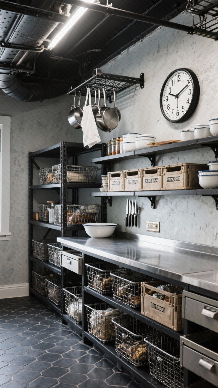 Wide, three-quarter angle of an industrial prep pantry: open blackened steel shelving packed with wire mesh bins and commercial-grade racks, a stainless steel worktop ready for prep, limewash gray or microcement walls with a powdery texture, charcoal hex tile flooring, magnetic knife strip above the counter, pull-out crates for bulk goods, a ceiling-mounted pot rack/rail holding aprons and tools, bold oversized white spice labels, enamelware bowls, and a large wall clock; cool, even task lighting for a utilitarian chef’s vibe.