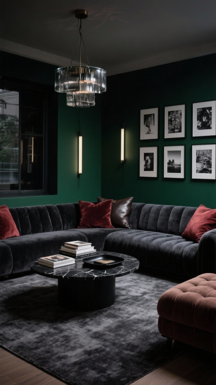 Wide U-shaped composition, Moody Modern Lounge: A dramatic living room featuring a charcoal velvet U-shaped sectional on a plush low-pile rug in deep graphite. A round black marble coffee table stacked with heavy art books and a matte black tray. Walls painted deep green, punctuated by tall linear sconces; a smoked-glass chandelier centered over the U. Leather and velvet pillows in espresso and oxblood, a gallery wall of black-and-white prints in thin black frames, and an upholstered ottoman tucked in the corner. Low, moody evening lighting, cinematic contrast, photorealistic.