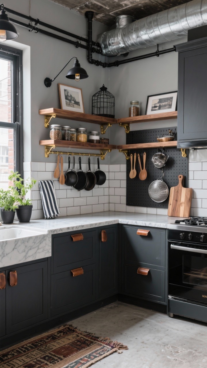 Wide, urban industrial kitchen viewed from a corner angle: concrete-look skim-coated countertops with subtle mottling; charcoal or deep forest cabinets fitted with leather handle pulls; wall-mounted black steel rails neatly holding pots, pans, and wooden spoons; warm wood open shelves with brass brackets displaying spice jars and small framed prints against a stacked subway tile backsplash; industrial cage sconces in matte black; herb pots on the sill, striped tea towels, vintage runner along the floor; a pegboard zone with colanders and cutting boards; palette of charcoal, concrete gray, walnut, matte black; functional, loftlike, photorealistic.