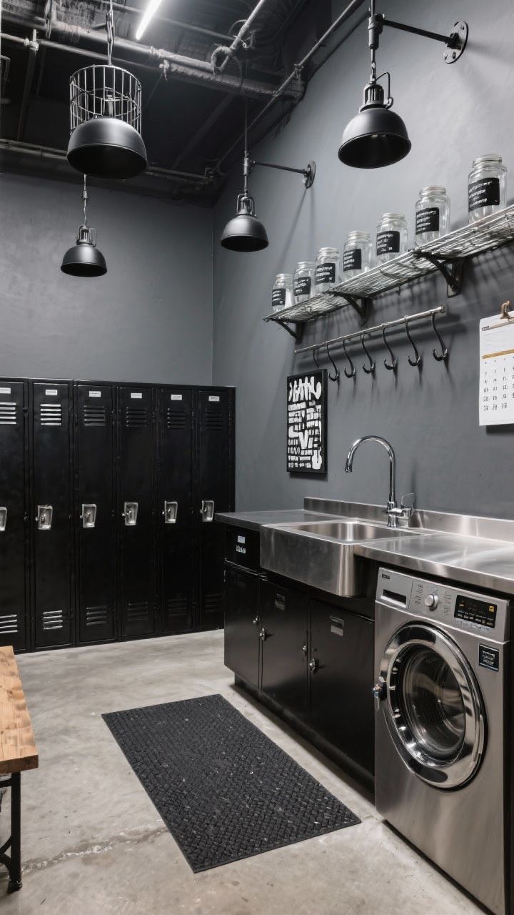 Wide urban industrial mudroom-laundry, low vantage angle to emphasize height: charcoal-painted walls, sealed concrete floor, matte black metal gym-style lockers in a bank; front-load appliances under a stainless counter with deep utility sink and gooseneck sprayer; galvanized shelves overhead holding clear jars with black labels; cage pendants and black track light; raw steel hook rail; low-profile rubber-backed rug; graphic wall calendar and magnetic command board; tough, utilitarian, photorealistic.
