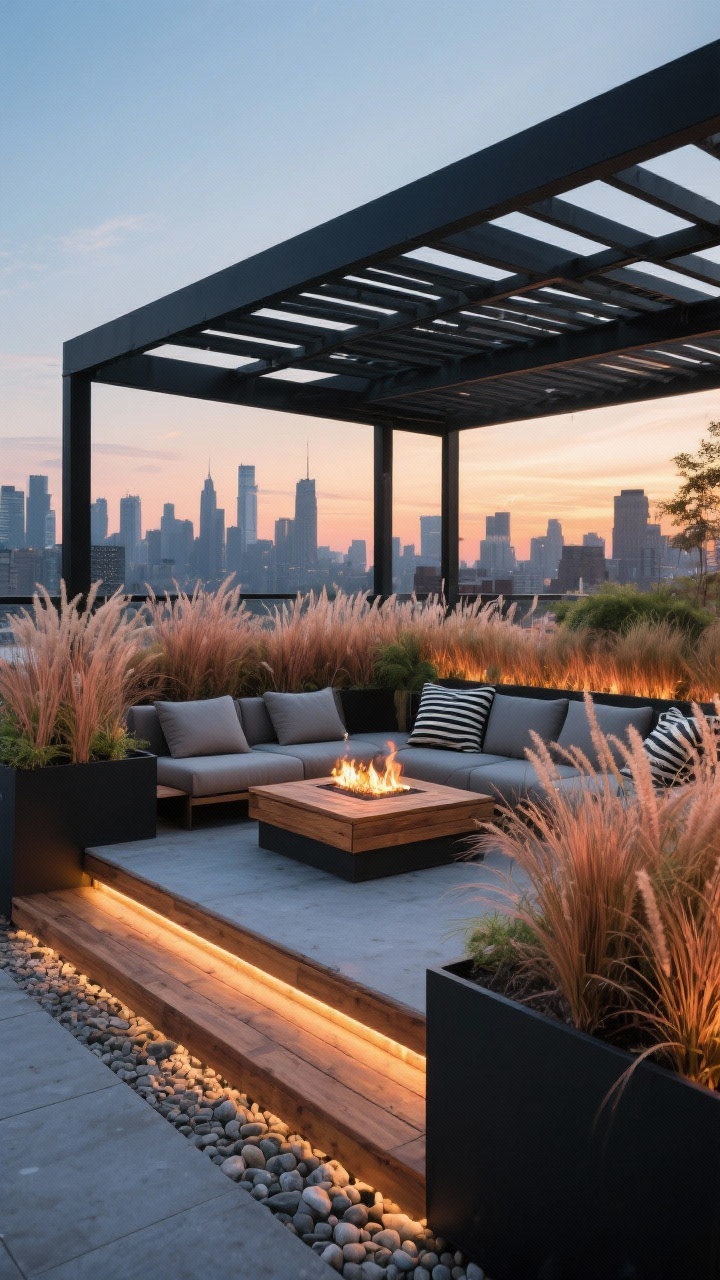 Wide urban rooftop lounge at sunset: perimeter bands of wind-tolerant grasses in modular planters—Panicum ‘Cloud Nine’ upright, copper-toned Carex testacea, and compact Miscanthus ‘Little Zebra’ with striped foliage; low-slung teak loungers and a modular sectional with performance-fabric cushions; linear gas fire feature aglow; matte black steel pergola casting graphic shadows; LED strip lights under bench edges and river pebble mulch visible; palette of teak, coal black, soft amber, smoky blue; clean lines, big-city drama, photorealistic.