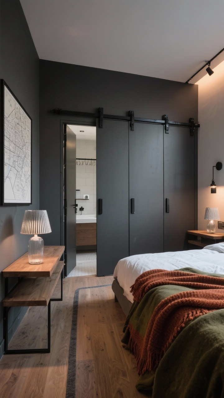 Wide, urban suite view with a full wardrobe wall of sliding doors opposite a centered bed; wall-mounted shelves as nightstands to keep floors clear, pocket/barn doors visible at bath/closet openings, soft industrial style: charcoal walls, oak floors, linen bedding, matte black hardware, a track rail light washing the wardrobe, narrow runner guiding the path from door to bed to bath, framed city maps, a ribbed glass table lamp, and a wool throw in rust or olive; evening glow with mixed ambient and track lighting.