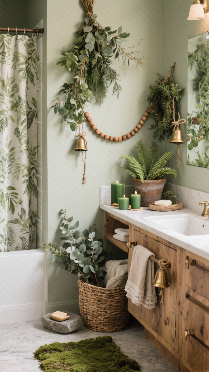 “Woodland Greenery Oasis” medium shot of a soothing vanity wall: soft sage or warm greige painted walls, abundant greenery including eucalyptus bundles, cedar garlands, and a potted fern. Wood bead garlands and matte green candles add holiday flair; small brass bells tied with twine dangle from cabinet pulls. A botanical-print shower curtain visible at the edge, and a mossy textured bath mat underfoot. Natural wood accents, stone soap dish, woven baskets, and linen hand towels arranged neatly. Diffused natural light for spa vibes. Slight corner angle.