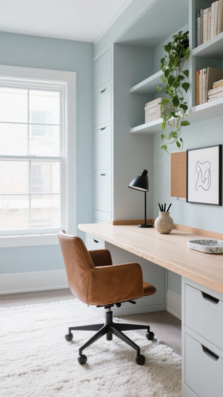 Bright home office medium shot facing a window: misty greige walls (light greige with a cool cast and soft blue undertone); white oak desk with rounded edges, caramel leather task chair; tall built-in bookcases painted to match the walls, with hidden filing and open styling; soft ivory rug grounding the layout; matte black desk lamp, stone pen cup, cork board rail; minimal styling with framed line drawings, small marble tray, sand-toned vase; trailing pothos on the top shelf; airy, focused daylight, photorealistic.