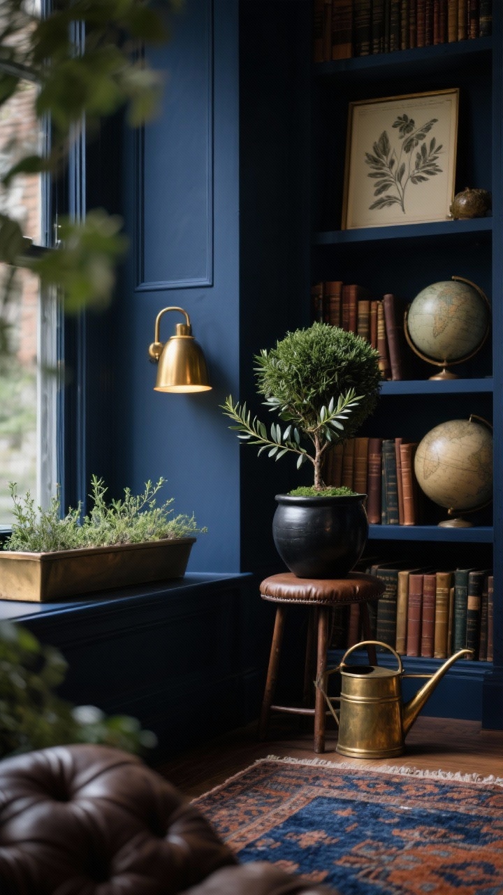 Closeup detail, moody library den: a deep inky blue wall with built-in bookcase bathed in warm brass library light. Black clay pot with a small bay laurel branch in frame, rosemary topiary perched on a stool, shallow trough of thyme beneath a window ledge. Tufted leather texture and a hint of patterned wool rug with indigo and rust tones in the foreground bokeh. Antique globes and botanical etchings blurred on shelf, aged brass watering can catching soft glow. Low-key moody lighting, intimate focus on herbal overstory textures, photorealistic.