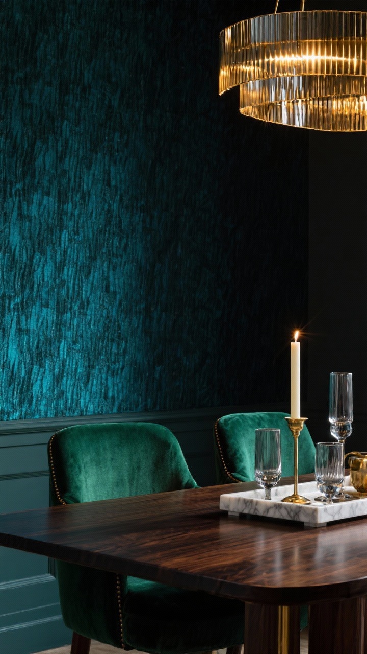 Closeup detail: Silk-effect woven wallpaper in deep peacock with a soft evening shimmer; edge of a dark walnut dining table and the back of an emerald velvet dining chair in frame; brushed brass linear chandelier softly glowing above, reflections catching on smoked glass candleholders and a marble tray centerpiece; rich, glamorous mood under warm, dim evening lighting.