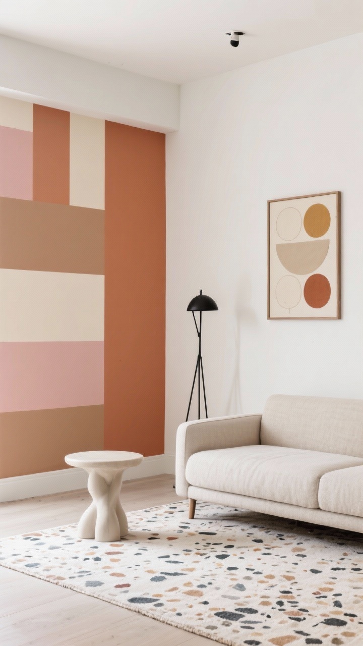 Corner-angle living space shot: two adjacent walls painted calming warm white with a wide L-shaped terracotta color block wrapping the wall junction; opposite wall features geometric striped wallpaper in muted clay, blush, and sand. Include a low-profile linen sofa, a sculptural side table, terrazzo-look rug, and one large abstract print with overlapping circles. Add a black metal floor lamp for crisp contrast. Clean modern lighting, balanced and playful modern vibe, photorealistic, no people.