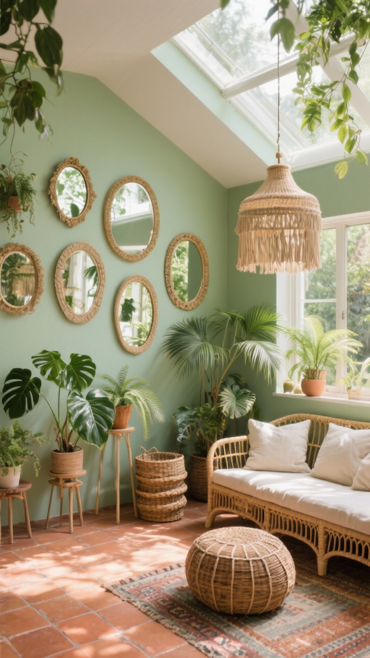 Corner-angle medium-wide sunroom, boho style: soft sage green walls, terracotta tile floors; cane furniture with linen cushions; a layered gallery of arched mirrors in varied sizes arranged on one wall, catching and bouncing sunlight; abundant plants—palms, ferns, monsteras—with plant stands at varied heights to fill reflections; fringed pendant overhead, kilim pouf, woven baskets stacked for texture; palette of sage, terracotta, natural rattan, soft cream; sun-dappled afternoon light, lush and breezy mood, photorealistic, no people.