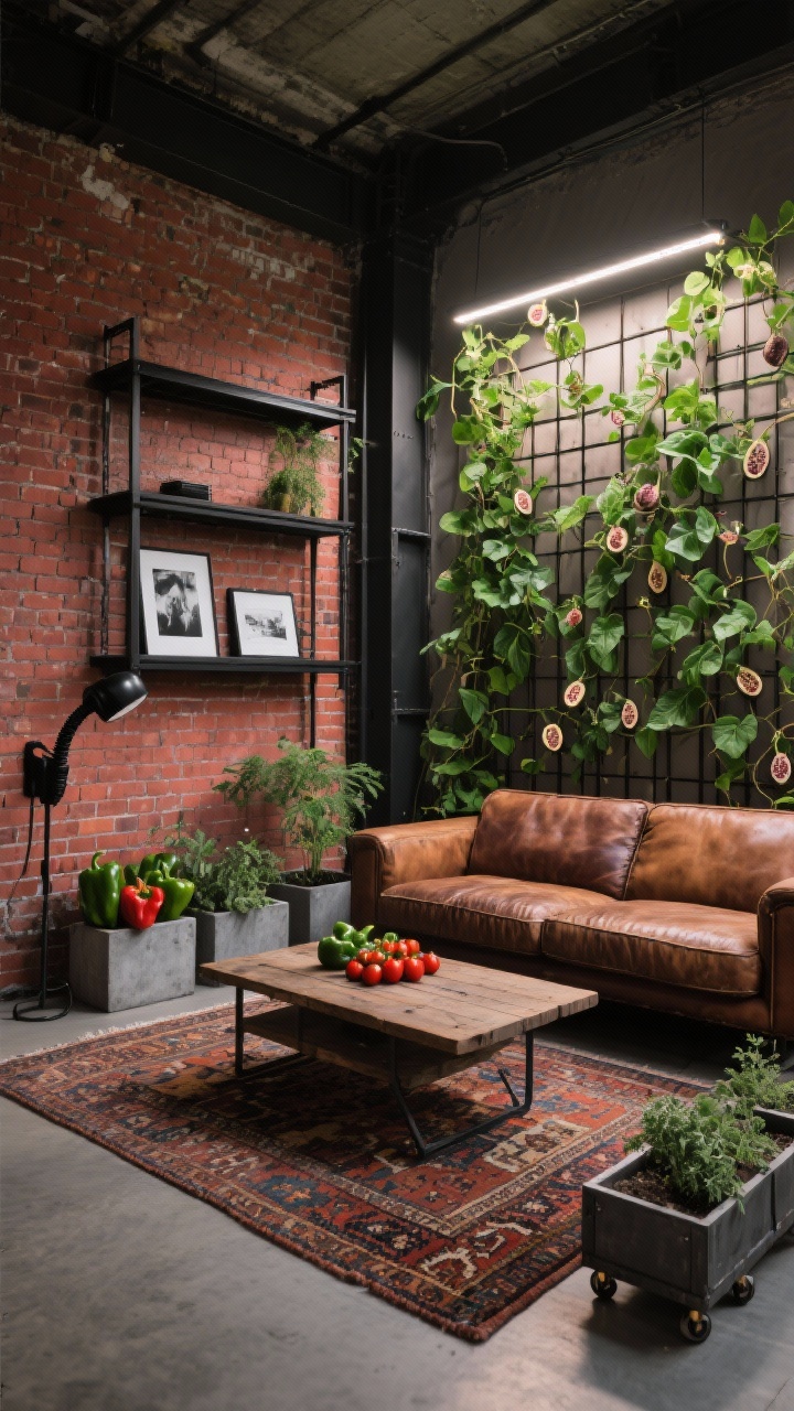 Corner-angle wide shot, industrial loft living room: exposed brick walls, blackened steel shelving, distressed leather sofa, reclaimed wood coffee table, kilim rug. Full-height trellis wall with climbing passionfruit and Malabar spinach, discreet grow lights tucked into a beam washing the greenery. Mid-level planters with peppers and cherry tomatoes; low rolling boxes of oregano and creeping thyme bordering the rug. Oversized black-and-white prints, concrete planters, matte black watering wand on a shelf. Color story of brick red, tobacco brown, graphite, and vibrant green. Evening ambient light with focused grow-light highlights, photorealistic.
