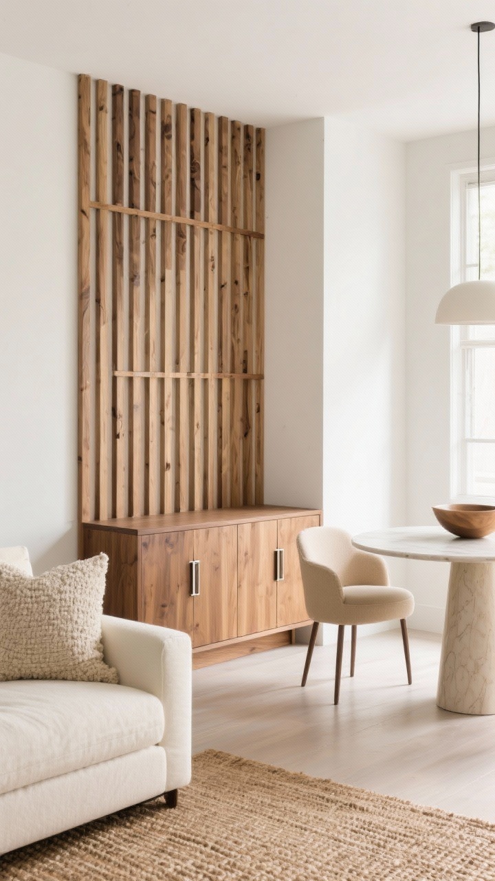 Corner-angle wide shot of a vertical oak slat divider with varied slat spacing and a half-height storage credenza built into the base. Finishes: matte oak, brushed nickel pulls, soft white walls. Living side: cream sofa with a boucle accent pillow, woven jute rug. Dining side: round pedestal table with two upholstered chairs in sand; credenza top styled with a sculptural bowl. Warm, natural light, clean modern mood, photorealistic.