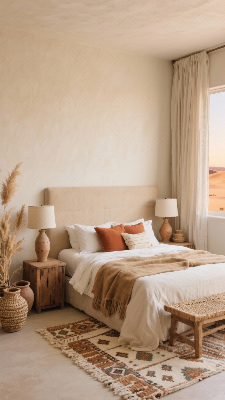 Cozy bedroom corner medium shot: desert sand headboard wall with remaining walls in lighter cream; low-profile upholstered bed in oatmeal linen; rustic oak nightstands with ceramic table lamps and tapered shades; cotton-linen duvet layered with a camel wool blanket and pillows in clay, terracotta, and bone; flatweave Moroccan-style rug in ivory and tan; textured pottery, woven baskets, dried grasses; floor-brushing linen drapes and a woven bench at the foot; warm sunrise light, tactile and grounded, photorealistic.
