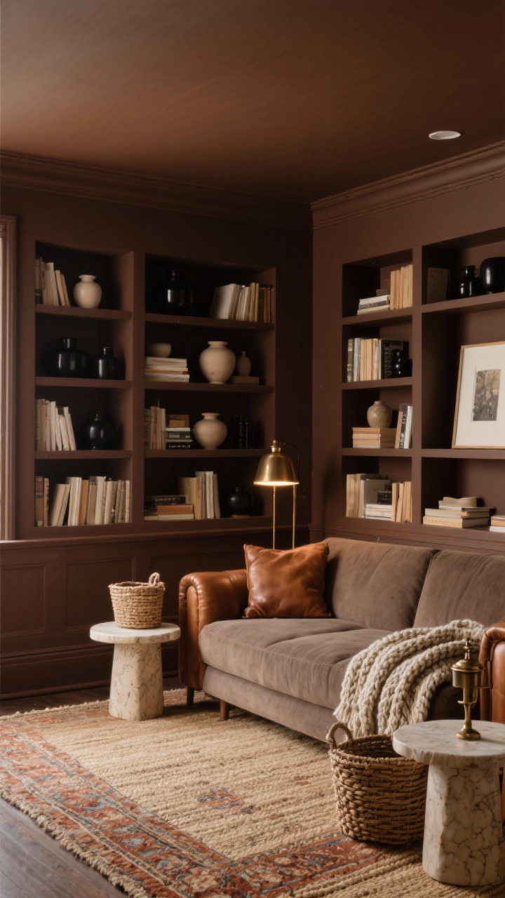 Cozy library medium shot: rich cocoa brown walls with built-in shelves painted to match for a monochrome, expansive feel, shelves styled with neutral ceramics, linen-covered books, and a few black accents to reduce visual noise, seating as a low-profile taupe sectional (or caramel leather club chairs), large-scale sisal rug layered with a vintage Persian in faded rust, travertine side tables, woven baskets, chunky knit throw, picture lights on shelves and a bronze pharmacy floor lamp for warm focused lighting, ceiling painted a half-tone lighter than walls for subtle lift. Photorealistic, corner perspective emphasizing depth and layers.