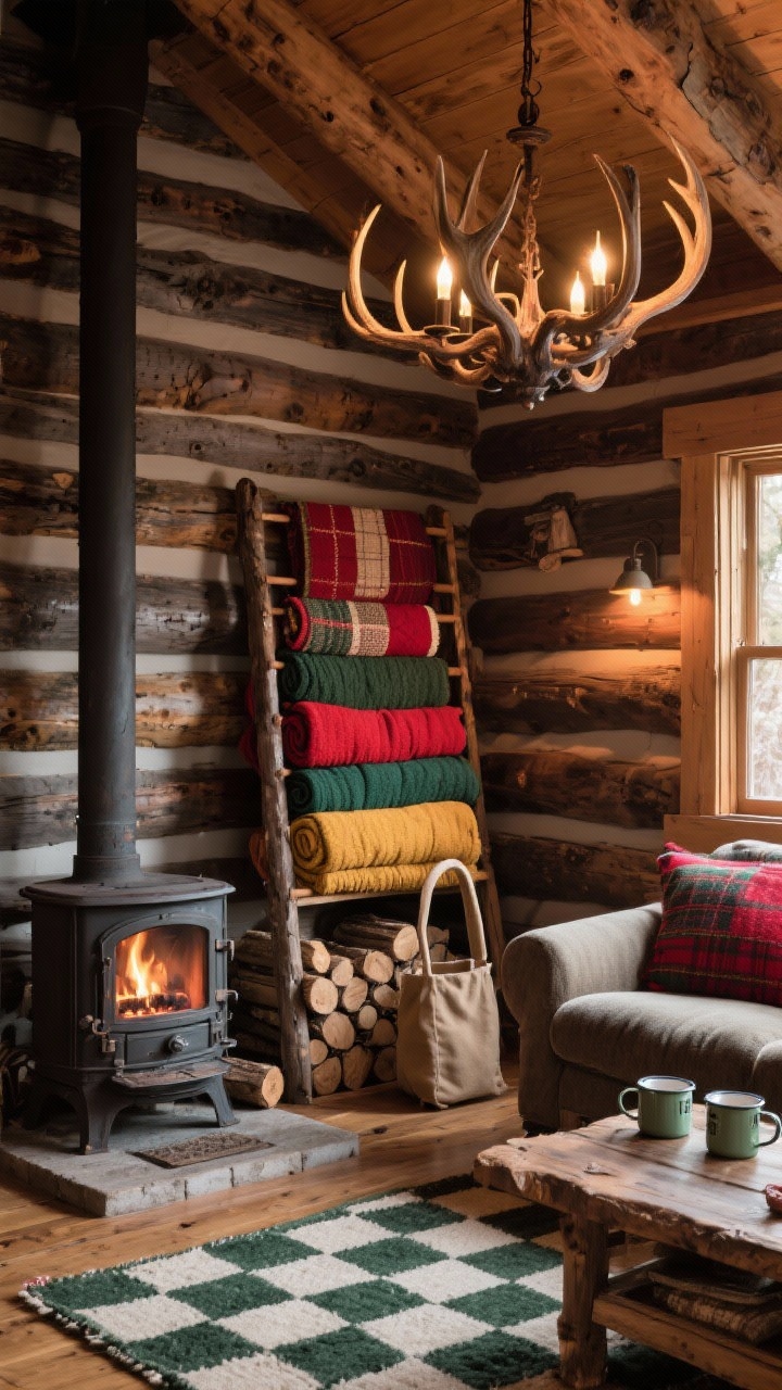 Cozy wide shot of a rustic cabin den from a corner angle: knotty pine walls, cast-iron stove with a built-in firewood nook; freestanding quilt rack prominently displaying layered wool blankets in reds, forest greens, and mustard; canvas log carrier in the hearth nook filled with rolled throws; antler-inspired chandelier overhead, checkerboard rug, enamel mugs on a raw-edge shelf; colors of pine, charcoal, cranberry, moss; warm firelight mixed with soft ambient lighting for rugged, welcoming mood.