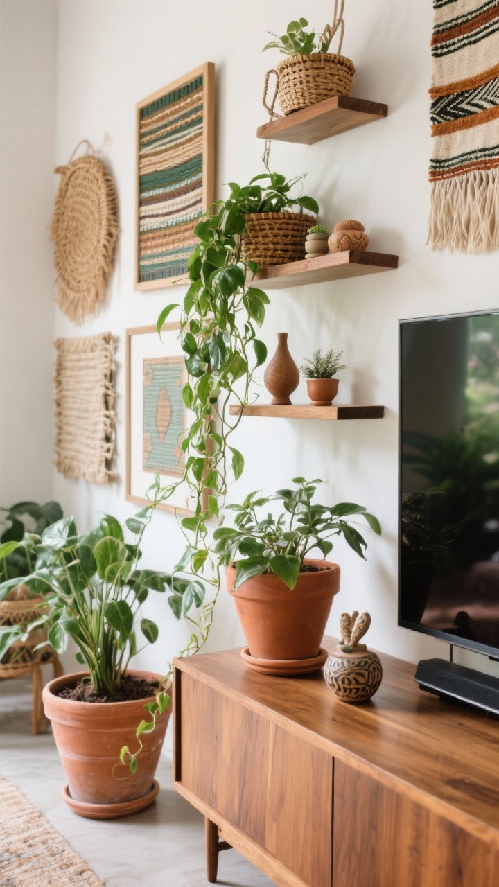 Detail closeup boho gallery garden: a tight shot of terracotta planters and trailing pothos cascading beside framed textiles and woven wall art near the TV edge; glimpse of low mango-wood credenza surface with handmade ceramics; floating shelves holding small plants and tiny sculptures at staggered heights; textures of rattan, jute, terracotta, and fringe visible; palette of clay, moss green, ivory, warm wood; soft natural daylight highlighting organic textures.
