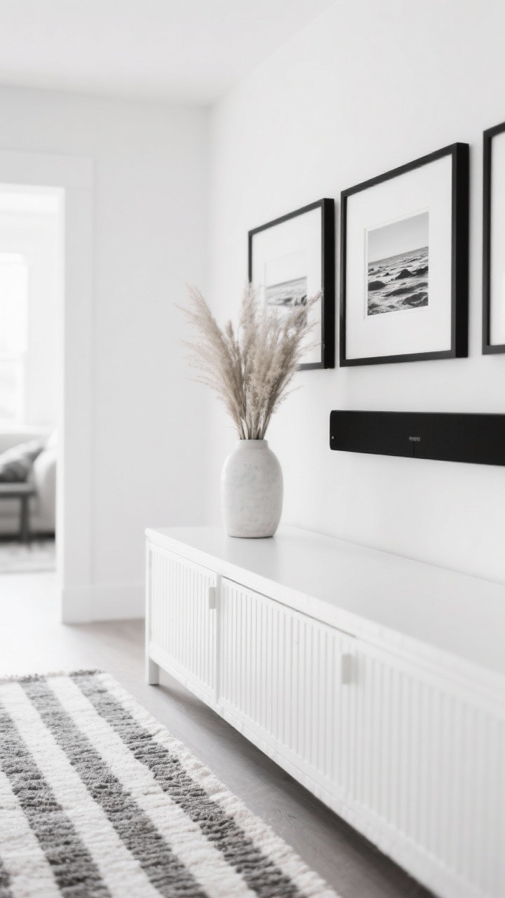 Detail closeup contemporary coastal black-and-white: bright white wall with matte black frames using extra-large white mats around small black-and-white coastal prints; edge of a slim soundbar painted to match the wall for near invisibility; crisp corner of a white media console with fluted doors; striped flatweave rug and a tall vase of coastal grasses blurred in background; palette of white, black, and driftwood gray; bright, clean daylight emphasizing contrast.