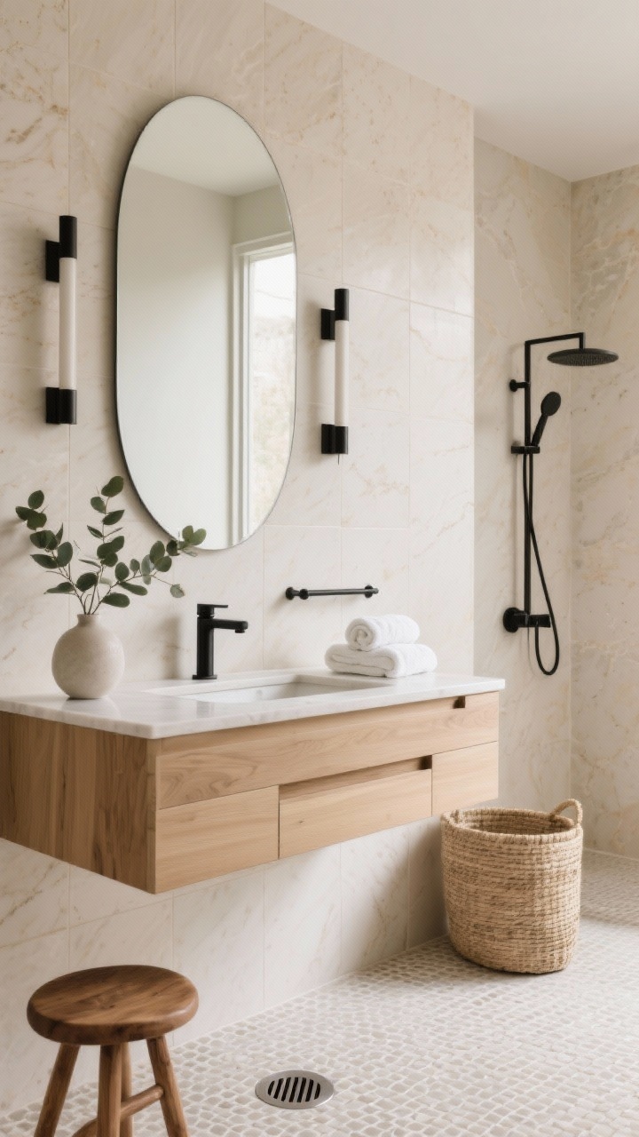 Detail closeup in an ivory stone bathroom: floating light oak vanity with integrated pulls, low-profile quartz counter; tall pill-shaped mirror flanked by vertical sconces; matte black faucet and towel bar; backdrop of oversized porcelain shower tiles in the same warm ivory stone tone with a micro-mosaic floor visible at the edge; brushed nickel drain and linear floor grate; rolled white towels, eucalyptus in a simple vase, teak stool and woven hamper soft in the background; serene spa minimalism, photorealistic.
