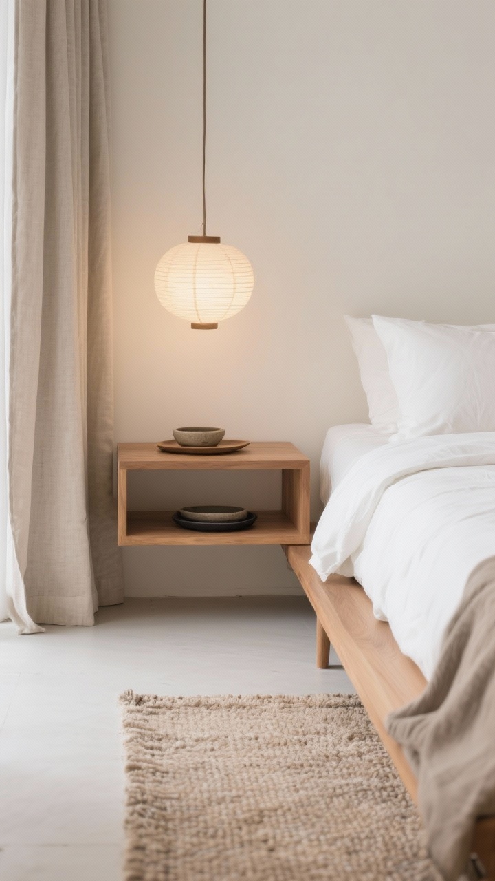 Detail/closeup, Japandi Calm Bedroom: Photorealistic closeup of a low-profile oak bed corner with crisp white percale sheets and a textured oat-toned wool rug underfoot; matte warm white walls with a whisper of cream in the background, a floating oak nightstand holding stoneware trays, soft linen blackout curtain edge, and the glow of a paper lantern pendant out of focus; color accents in mushroom, oat, and charcoal, minimal and serene.