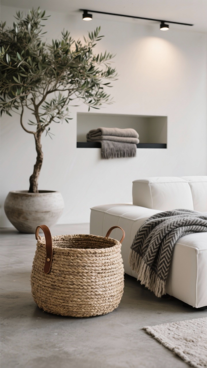 Detail closeup, low angle near sofa: minimalist loft textures and storage focus—huge handwoven natural-fiber floor basket with a leather handle beside a low white modular sofa holding folded tonal wool throws with subtle herringbone; in soft background bokeh, concrete floors, an olive tree in a sculptural pot, a recessed wall niche with a narrow black ledge holding a single folded cashmere throw; white, charcoal, natural fiber, touch of olive; crisp, directional track lighting highlighting material grain.