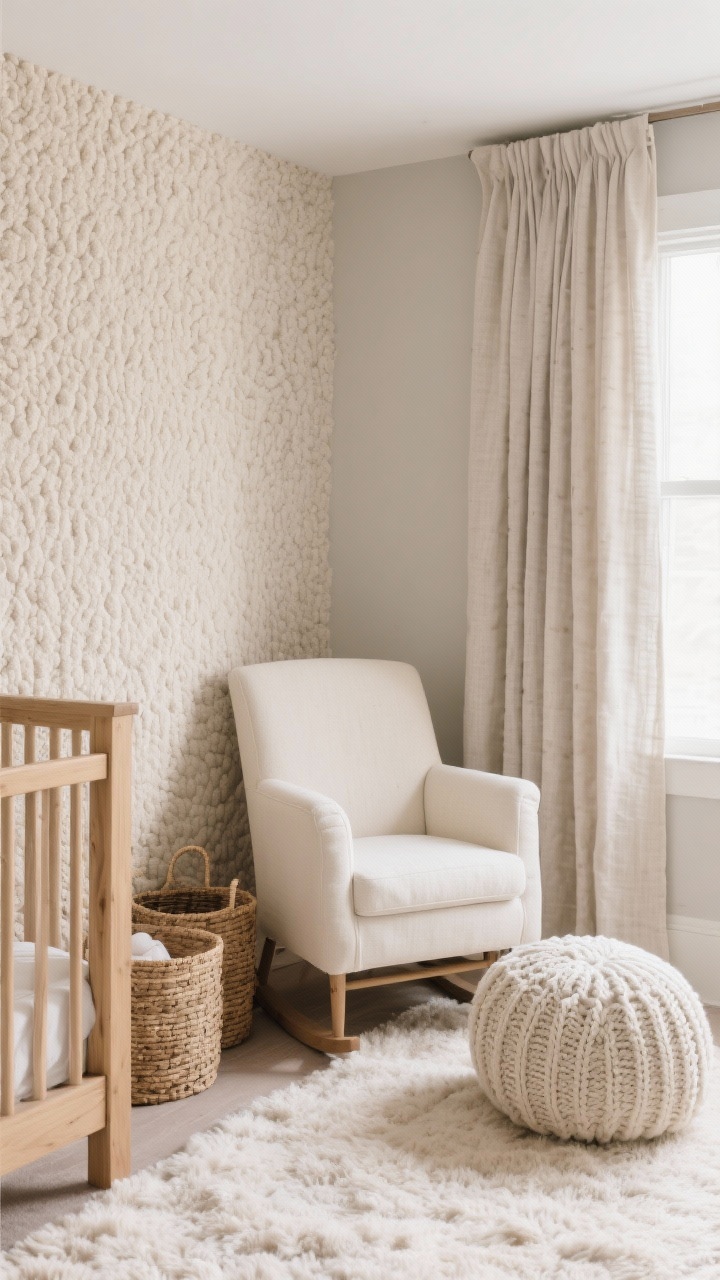 Detail closeup of nursery wall and corner: Bouclé-inspired textured wallpaper in oatmeal, plush and tactile; part of a natural wood crib rail, a cream glider arm with a chunky knit pouf nearby; layered linen blackout curtains and a fluffy rug visible in the foreground; woven storage baskets tucked beside the crib; soft neutral palette of oatmeal, cream, natural wood, soft taupe; gentle, diffused daylight for a serene mood.