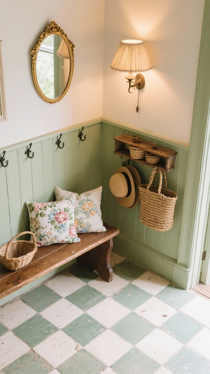 Detail closeup, overhead view: Vintage cottage textures and charm—checkerboard tile in cream and dusty green beneath an antique church pew bench corner with mismatched floral cushions. A wainscoted peg rail in soft sage with a woven market tote hanging, and a small stack of rescued wood shelves with iron brackets holding a couple of baskets and hats. Warm, cozy lighting from a nearby pleated lampshade sconce; a glimpse of a gilded oval mirror edge for character. Storybook, collected vibe.