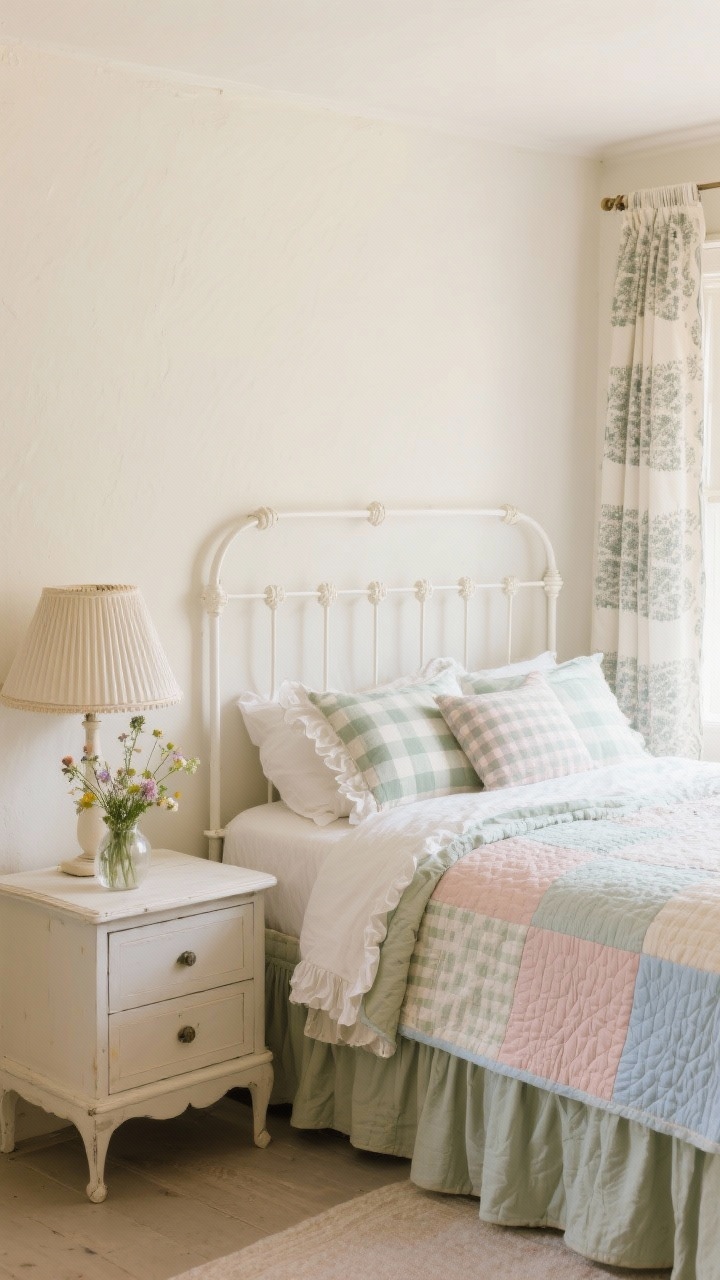 Detail/closeup, Soft Cottagecore Guest Room: Photorealistic closeup of a white iron bed dressed in layered quilts, checked pillows, and ruffled bedding, set against buttermilk cream walls; edge of a skirted nightstand with a pleated lampshade, a small vase of fresh wildflowers, and a glimpse of block-printed curtains; soft, diffused daylight, accents of cream, sage, dusty rose, and soft blue, nostalgic and cozy.