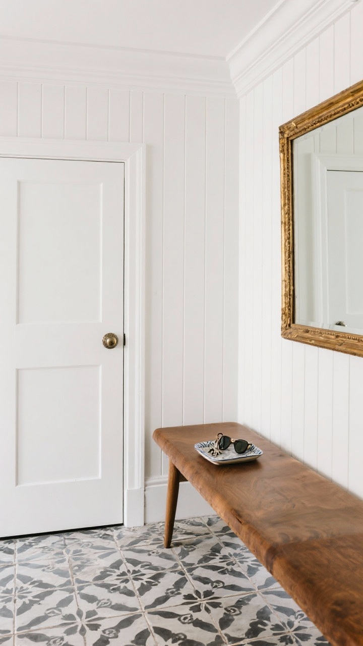 Detail closeup, straight-on: Classic white millwork vignette showing floor-to-ceiling beadboard with crisp crown molding, an inset-door built-in cabinet front with polished nickel knob, and the edge of a warm walnut bench. Foreground shows a bold encaustic-look cement tile pattern in soft black and white (floral or geometric) underfoot. A gilt-framed mirror edge and a small ceramic tray with keys and sunglasses on the bench. Soft, even lighting to highlight textures and timeless detailing.