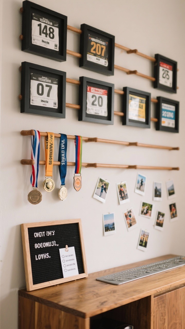 Detail closeup, straight-on of a gallery wall of wins: thin black and warm wood frames encasing race bibs arranged in a grid, sleek wooden dowel racks neatly displaying medals with colorful ribbons, and a tidy cluster of Polaroids from workouts and hikes. Below, the top edge of a compact storage console with a letter board showing weekly goals and a magnetic strip with pinned quote cards and before-and-after snapshots. Warm wood and matte black tones with pops of color from medals and bibs. Soft, even lighting, photorealistic, no people.
