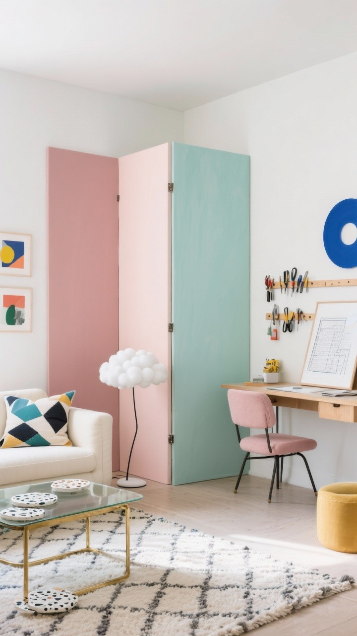 Detail-focused medium shot of a three-panel folding screen painted in color-blocked pastels: dusty rose, soft mint, muted cornflower. Positioned to separate a creative corner from a lounge. Studio side: compact drafting desk, peg rail with tools, patterned flatweave rug. Lounge side glimpsed: cream loveseat, glass-and-brass coffee table, cloud-like floor lamp. Accents: geometric cushions, abstract art prints, terrazzo coasters. Bright, playful light, photorealistic.
