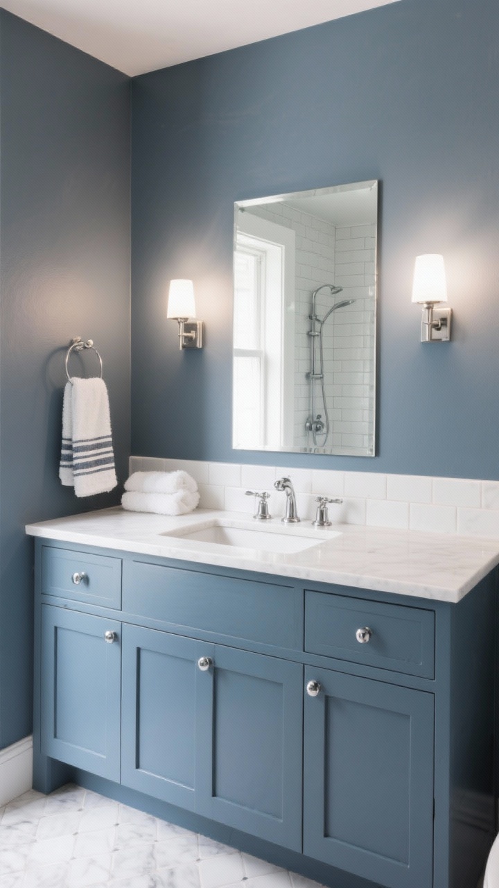 Detail/medium bathroom shot: slate blue walls with a hint of gray in a washable soft-sheen finish, white vanity with chrome/polished nickel hardware, generous pivot mirror bouncing light, white marble hex tile floor, simple white subway tile in the shower glimpsed behind, sconces mounted on either side of the mirror to reduce shadows, fluffy white towels with a striped Turkish hand towel for pattern, slim wall cabinet painted slate blue to match walls for visual continuity. Photorealistic, clean straight-on vanity view with crisp, airy lighting.