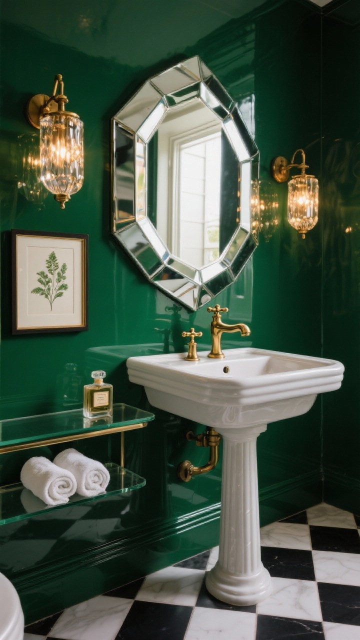 Detail/medium close-up of an art-deco inspired powder room: high-gloss emerald walls reflecting light; faceted Deco mirror above a pedestal sink; aged brass sconce casting warm sparkle that catches the mirror’s geometric edges; brass faucet with cross handles; black-and-white checkerboard floor tile visible below; narrow glass shelf holding rolled hand towels and a vintage perfume bottle; a petite botanical print positioned so it’s reflected in the mirror; dramatic, glamorous lighting with glossy sheen, photorealistic, no people.