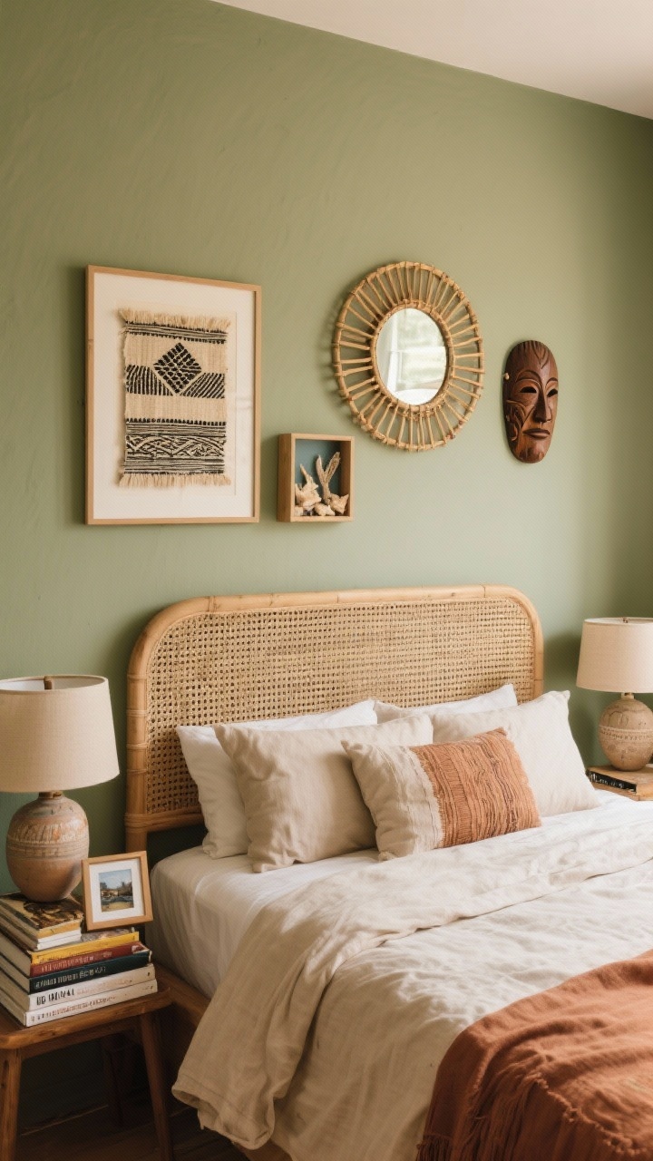 Detail/medium mix, straight-on above bed: A boho bedroom with sage walls, a rattan headboard, and linen bedding in sand and clay. Create a mixed-depth gallery above the bed: two framed textiles (a block print and a woven fragment), an off-center round bamboo mirror for movement, a small shadowbox with beach finds, and a hand-carved wooden mask breaking up the grid. Nightstands include ceramic lamps, stacked travel books, and a tiny framed photo leaning casually. Soft, warm ambient lighting, layered textures and depth, photorealistic.