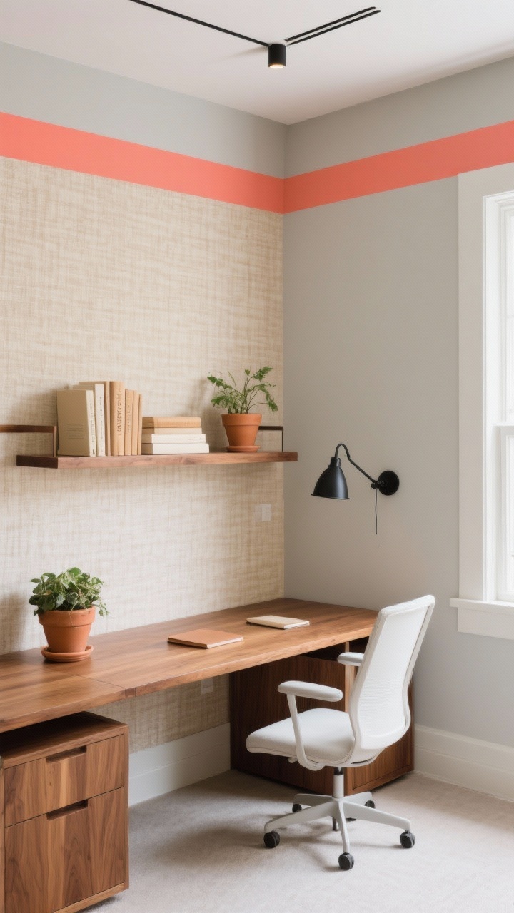 Detail/medium office shot from desk perspective: main wall behind the desk covered in subtle linen-look wallpaper in warm oatmeal; other walls painted soft greige. A six-inch painted accent band in bold coral runs horizontally around the room at eye level. Furnish with a warm wood desk, white task chair, and floating oak shelves styled with books in cream/tan tones and terracotta planters. Include a matte black swing-arm sconce. Bright but soft workspace lighting, focused and energizing mood, photorealistic, no people.