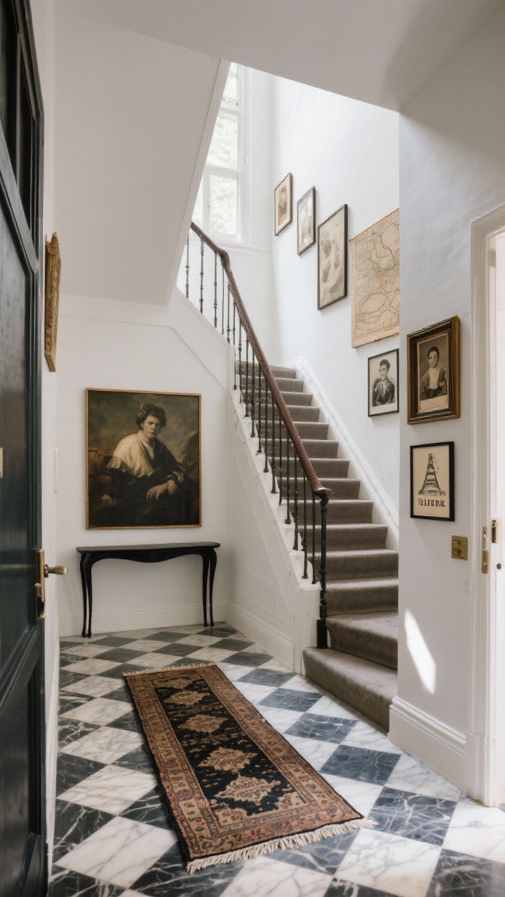 Diagonal stairwell view, medium-wide: An eclectic entryway with a checkerboard marble floor, a vintage runner, and a slim black console at the base of a staircase. The gallery climbs the stairwell, anchored by one large moody painting at the bottom, then stair-stepping upward with medium and small frames that follow the staircase angle. Maintain intentional negative space: clear margin around the outer edges and no pieces touching the banister line. Art mix includes old maps, sepia family photos, and a framed Paris ticket stub. Natural daylight with soft shadows, curated and dynamic, photorealistic.
