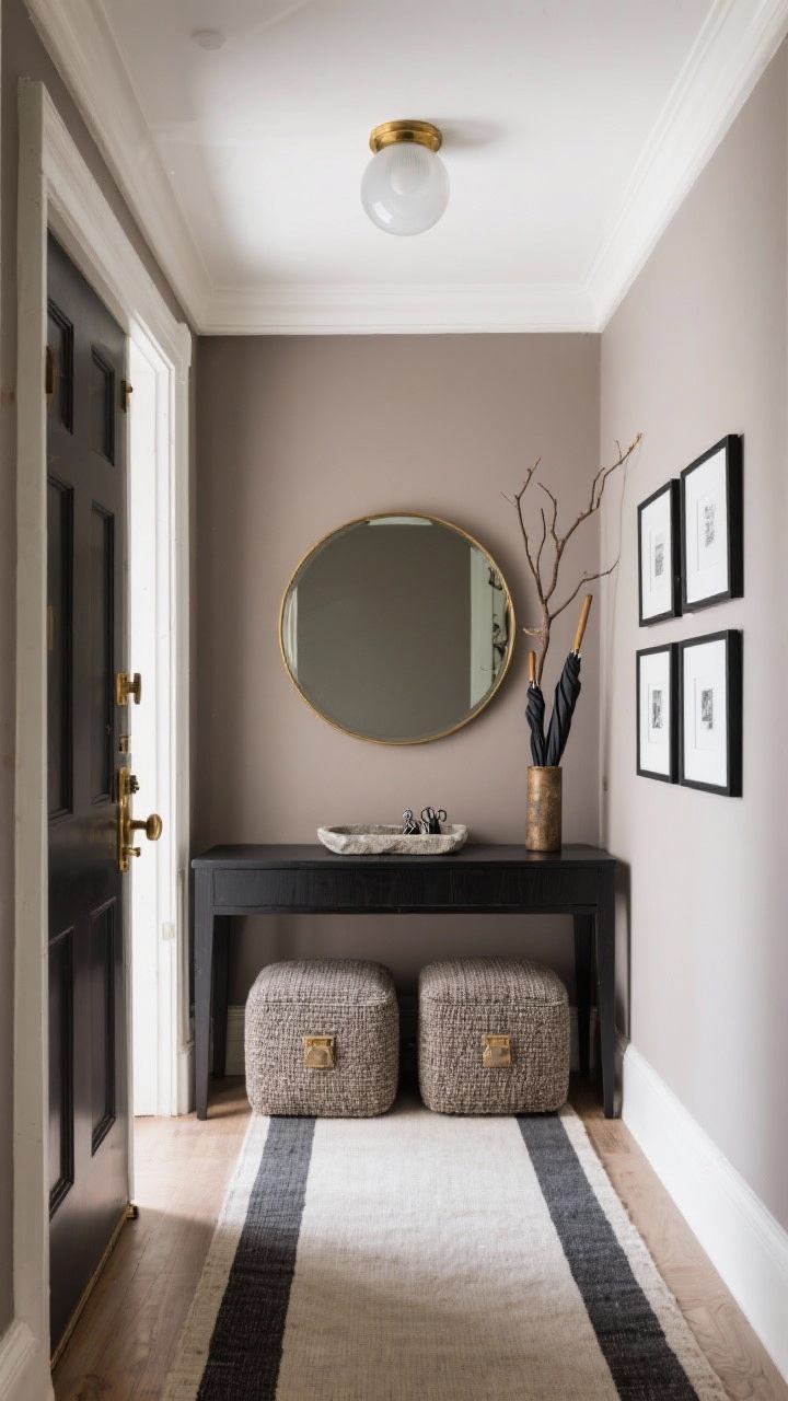 Entryway straight-on medium shot: smoky taupe walls and interior door, ceiling in soft white; black console table with a large round brass mirror above; two tweed storage ottomans tucked underneath; runner with charcoal stripes along the floor; aged brass door handle and backplate; flush mount light with frosted globe and brass trim; stone tray for keys, sculptural branches, slim umbrella stand; small gallery of black frames with white mats; welcoming high-contrast mood, photorealistic.