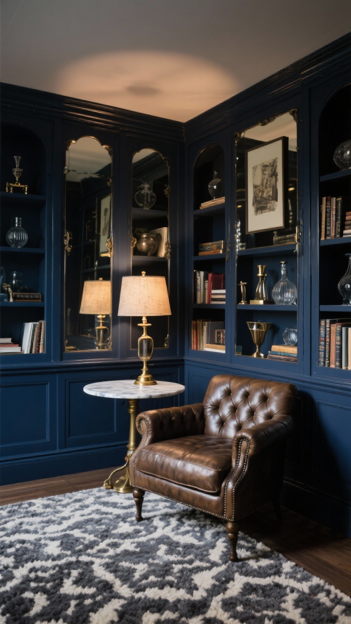 Intimate detail/medium shot of a moody library nook: built-in bookcases painted inky navy with antique mirror panels lining the backs, subtly reflecting depth; shelves styled with metallic bookends, glass objects, and books; a tufted leather club chair in foreground, marble bistro side table, brass pharmacy lamp; patterned wool rug in charcoal and cream partially visible; a single art light above shelves casting soft light that glints off the mirrored backs; textures of leather, wool, unlacquered brass, parchment lampshade emphasized; low, cozy lighting, photorealistic, no people.