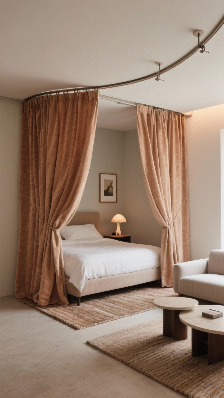 Intimate medium shot of a ceiling-mounted curtain track cocooning a sleeping area. Curtains in heavy linen or textured velvet, warm oat or soft clay tone, partially drawn. Inside: low rug under the bed, tiny nightstand with a mushroom lamp, small framed print on the wall. Outside the curtain: sleek slim-profile sofa and a nesting coffee table. Curved track hardware with minimal brackets visible. Soft, hotel-like glow, acoustically cozy, photorealistic.