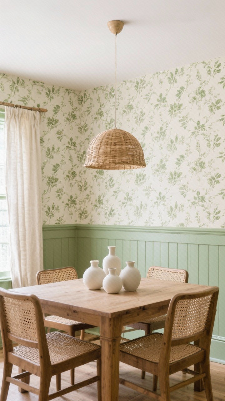 Medium, airy dining room shot, straight-on: lower half of the walls (true wainscoting) painted soft sage green including trim; upper half wrapped in small-scale botanical wallpaper with a cream background and olive-toned leafy pattern. Center an oak dining table with woven chairs, linen drapes at the window, and a rattan dome pendant light above. Style the table with a cluster of simple cream ceramic vases. Soft natural daylight, light and breezy mood, photorealistic, no people.