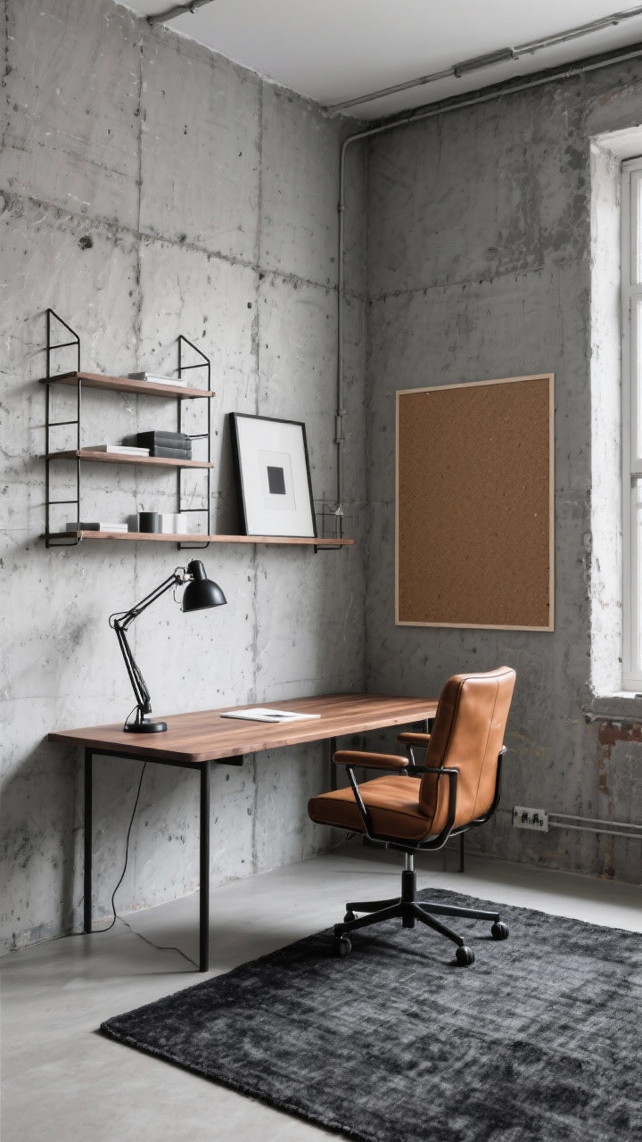 Medium, angled view of a loft home office: Concrete-effect wallpaper with mottled gray texture, matte and depth-rich; walnut desk with a matte black task lamp, cognac leather swivel chair; wire metal wall shelves holding minimalist objects, oversized cork board, minimalist art; low-pile charcoal rug; color story of concrete gray, walnut, matte black, cognac; crisp, even daylight for focused, urban polish.