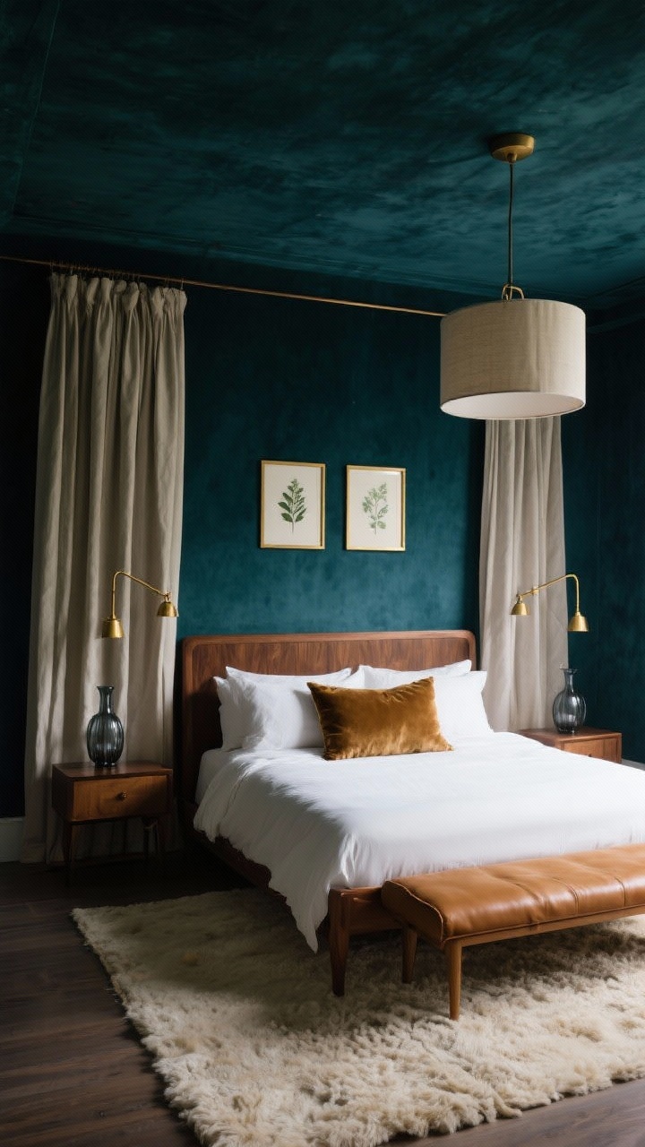 Medium bedroom shot: inky teal walls and ceiling with a velvety matte finish creating an enveloping, endless-night atmosphere, warm walnut bed frame with crisp white percale bedding, camel leather bench at the foot, heavy linen drapes hung ceiling-to-floor to add height, cream wool rug underfoot, velvet throw pillows for luxe texture, brass swing-arm sconces flanking the bed, linen drum shade overhead, small botanical prints in thin gold frames, smoked glass vases on a nightstand. Photorealistic, soft evening lighting, slight corner angle.