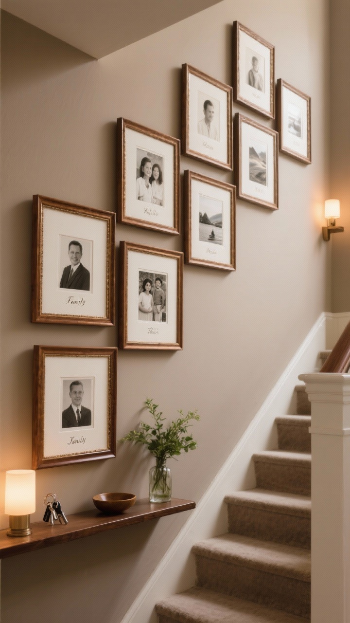 Medium-close shot from landing height of a “Family Heritage Wall in Warm Neutrals”: uniform warm walnut frames (some in brushed bronze) with consistent ivory mats, arranged in a tidy, stair-stepped layout with even spacing on a soft taupe wall; frames display family portraits, travel moments, and milestone photos; discreet labels/calligraphed dates beneath a few frames; a narrow console shelf on the landing with a small bowl for keys and a vase of fresh greenery; warm, dimmable picture lights create a sentimental glow; polished, timeless mood; no people, photorealistic.