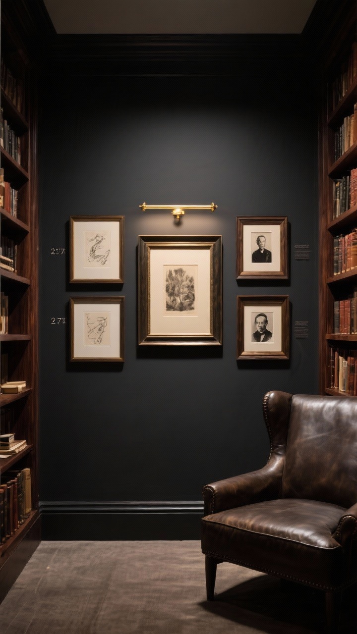 Medium-close straight-on: A moody home library with charcoal walls and walnut bookcases framing a measured gallery between them. Frames in deep wood and oil-rubbed bronze are arranged with precise 2-inch spacing, centered at eye level (about 57 inches to the center), radiating outward. Art includes sepia prints, ink sketches, and black-and-white portraits. A brass linear picture light crowns the central piece, casting a warm museum glow. Include a leather club chair partially in frame for atmosphere. Low, intimate lighting, dramatic, photorealistic.