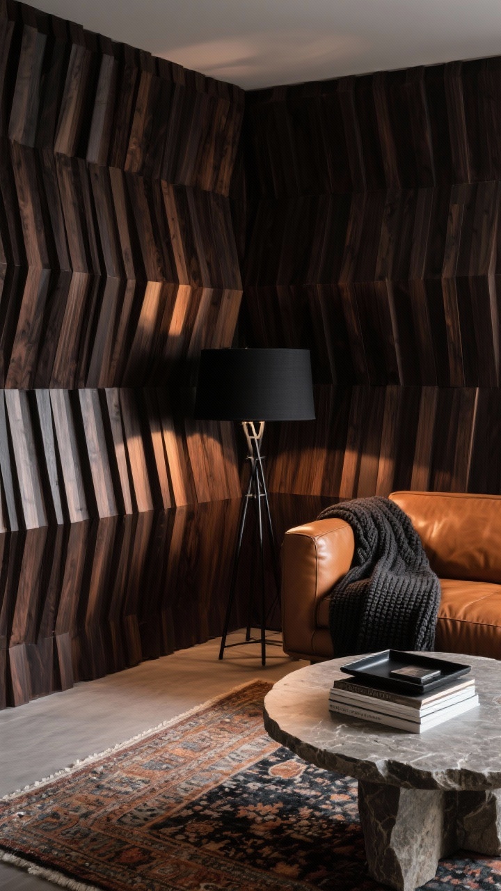 Medium corner angle of a moody den: 3D-effect wood slat wallpaper in deep walnut/espresso providing architectural rhythm; caramel leather sofa with charcoal knit throws, black metal floor lamp, round stone-top coffee table with a matte black tray and layered books; vintage rug softening the floor; color story of espresso, caramel, charcoal, stone; intimate, low, directional lighting for warmth.