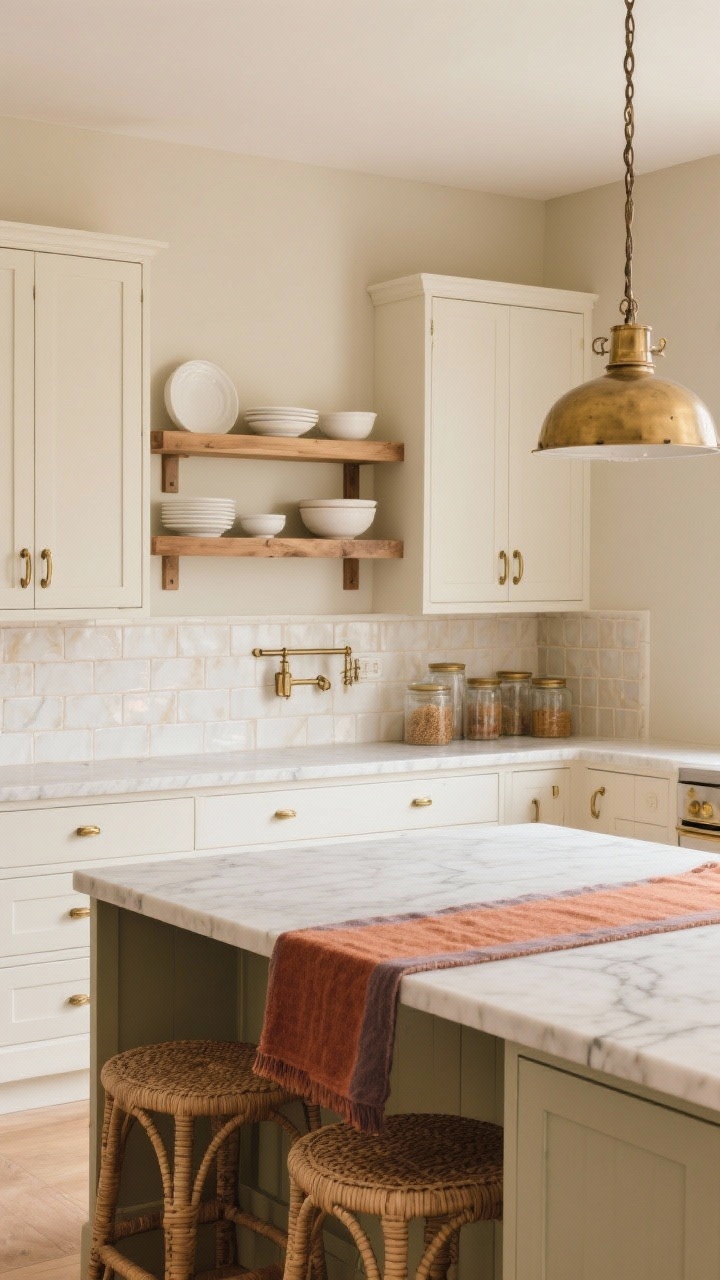 Medium kitchen scene in warm putty paint where walls and Shaker cabinets are color-matched; creamy quartz or honed marble counters with soft veining; upper cabinets replaced by chunky white oak shelves styled with white dishes, stoneware bowls, and glass canisters; aged brass pulls and latches; off-white zellige tile backsplash with tonal variation; woven counter stools; statement brass-finished pendants over the island; a runner in rust and smoke tones; gentle, glowing light, photorealistic.