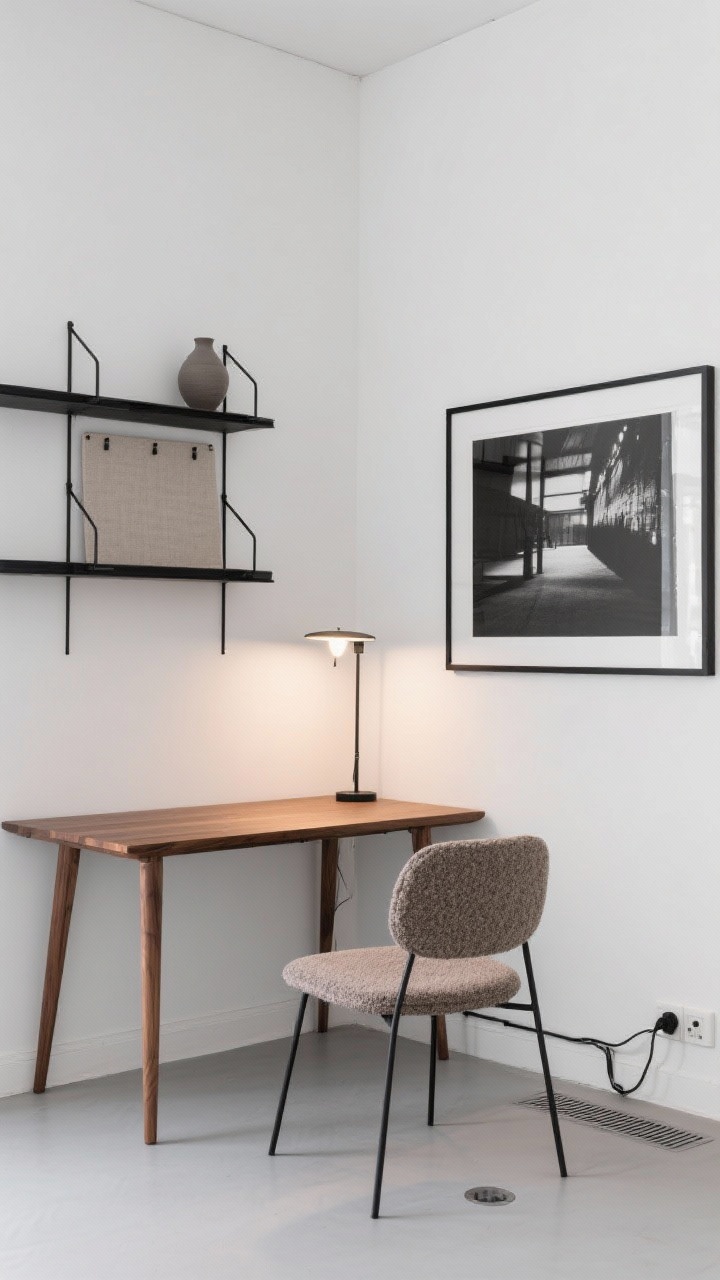 Medium shot, Art-Forward Minimalist Office: Photorealistic office corner with cool gallery-white smooth walls showcasing one oversized black-and-white photograph; a walnut desk with slender legs, an ergonomic boucle-upholstered chair, slim matte-black metal shelving with a linen pinboard and one sculptural ceramic; adjustable task lamp and wall washer sconces illuminating art; concealed cables via floor grommet and cable tray; palette of white, walnut, matte black, and soft gray, calm and focused.