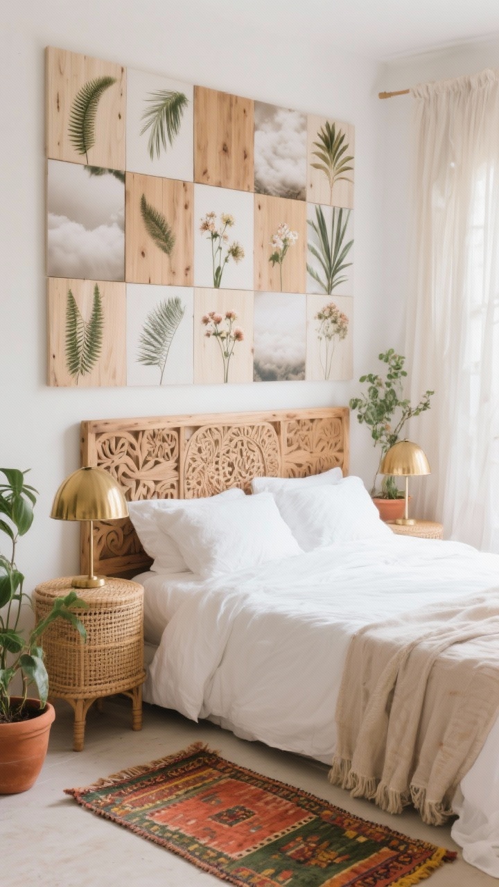 Medium shot, boho bedroom above the headboard: carved mango wood headboard beneath a grid of square maple wood photo tiles, whitewashed and lightly sanded for a soft blur, featuring muted botanical close-ups (ferns, palms, delicate blooms). Cloudy white duvet and gauzy curtains frame the scene. Cane nightstands with brass dome lamps; terracotta planters nearby. A kilim runner at bed’s foot showing burnt coral, olive, and mustard. Airy morning light for an ethereal vibe; photorealistic.