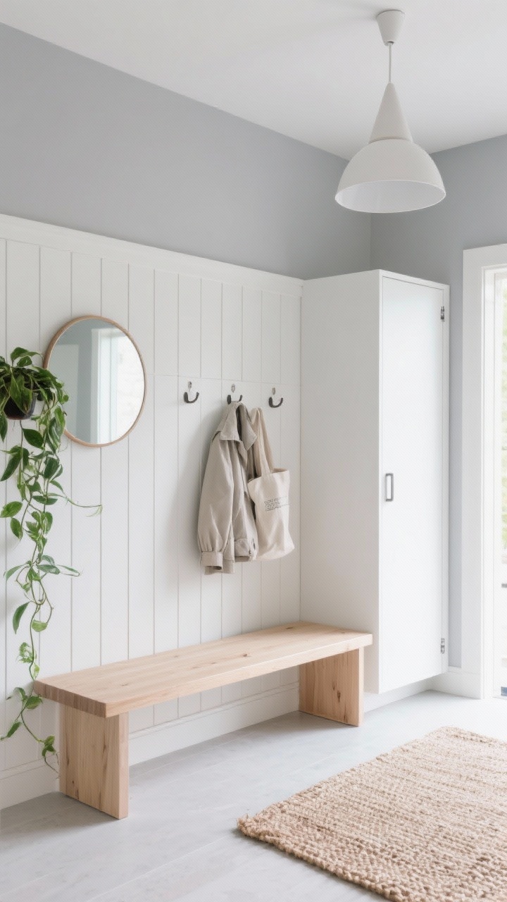 Medium shot, corner angle: A Scandinavian light and airy mudroom with foggy gray walls and white oak slat panels behind a floating pale oak bench, leaving the floor visually open. Slim peg hooks hold a light jacket and tote. A tall white flat-front cabinet with push-latch doors sits flush, no visible hardware. A round frameless mirror, a petite white cone pendant overhead, and a woven jute rug on the floor. A trailing pothos plant adds subtle greenery. Soft, bright natural lighting for a calm, streamlined vibe.